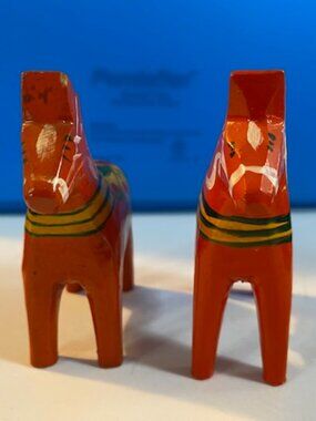 2 Vintage 3" Swedish Dala horses, hand carved and painted,one CeCe,one GA Olsson